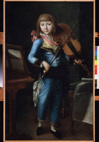 Un joven violinista con traje azul. Pintura de un maestro ruso, óleo sobre lienzo, hacia 1790. Arte ruso del siglo XVIII. Museo Palacio Teatro Ostankino, Moscú. de School Russian