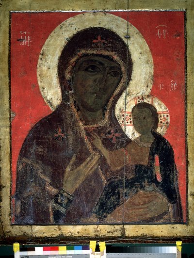 ""Virgen Odigitria (Hodigitria)"" Ícono ruso. Pintura sobre madera del siglo XIII. Galería Estatal Tretyakov, Moscú de School Russian