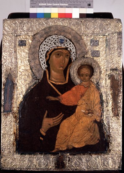 ""Vierge Odigitria (Hodigitria)"" Icone russe. Peinture sur bois du 14eme siecle. Museo Estatal al Aire Libre de la Trinidad Lavra de San Sergio, Sergyev Possad de School Russian