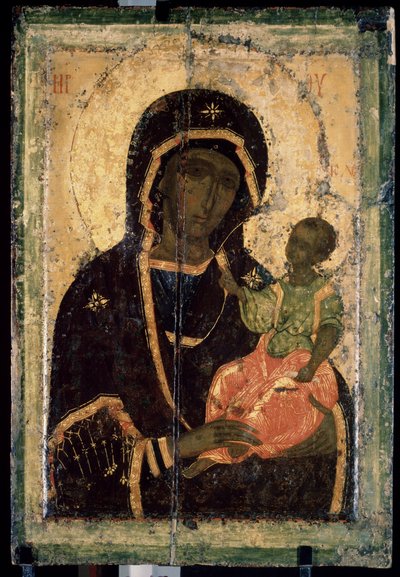 ""Virgen Odigitria (Hodigitria)"" Ícono ruso. Pintura sobre madera. circa 1360. Galería Estatal Tretyakov, Moscú de School Russian