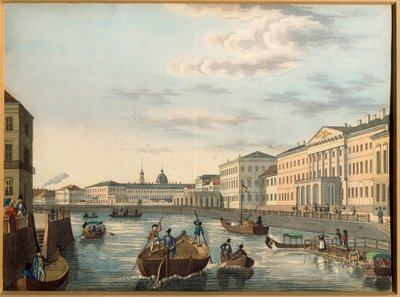 Vista del río Fontanka en San Petersburgo. Obra anónima, Litografía, coloreada en acuarela, hacia 1820. Arte ruso de School Russian