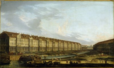 Vista del edificio de los doce colegios de San Petersburgo. (Vista del edificio The Twelve Collegia en San Petersburgo). Descripción de la corte de comerciantes en el Neva, circulación y transporte de mercancías y carruajes. Pintura anónima, óleo sobre ti de School Russian