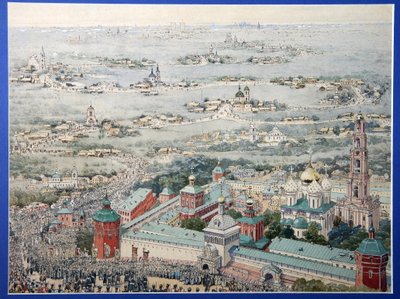 Vista del Monasterio de la Trinidad Lavra de San Sergio (Trinite-Saint-Serge) en Sergiev Posad con la procesión de Pascua desde Moscú. (Vista de La Trinidad Lavra de Sergio en Sergiyev Posad con La Procesión de Pascua desde Moscú). Obra de un maestro r de School Russian