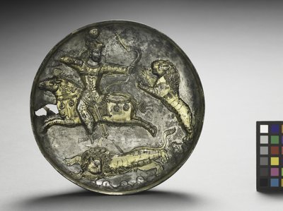 Plato: Rey Hormizd II o Hormizd III Cazando Leones, 400-600 de School Sasanian