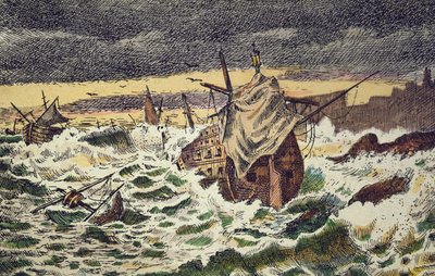 Destrucción por tormentas de la Armada Invencible Española, enviada por el rey Felipe II contra Inglaterra en 1588 (grabado coloreado a mano) de School Spanish