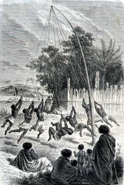 Guerreros Maoríes Jugando en un Columpio, ilustración de 