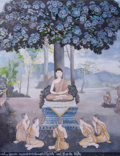 Fresco que representa una escena de la vida de Buda, templo Wat Phra That Doi Suthep (fresco) de School Thai