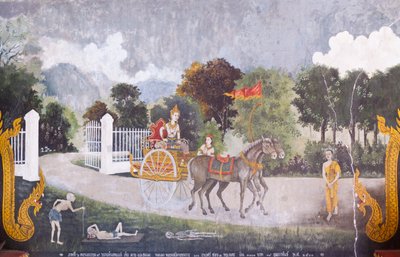 Fresco que representa una escena de la vida de Buda, templo Wat Phra That Doi Suthep (fresco) de School Thai