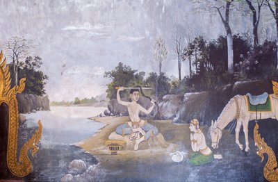 Fresco que representa una escena de la vida de Buda, templo Wat Phra That Doi Suthep (fresco) de School Thai