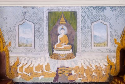 Fresco que representa una escena de la vida de Buda, templo Wat Phra That Doi Suthep (fresco) de School Thai