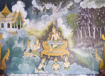 Fresco que representa una escena de la vida de Buda, templo Wat Phra That Doi Suthep de School Thai