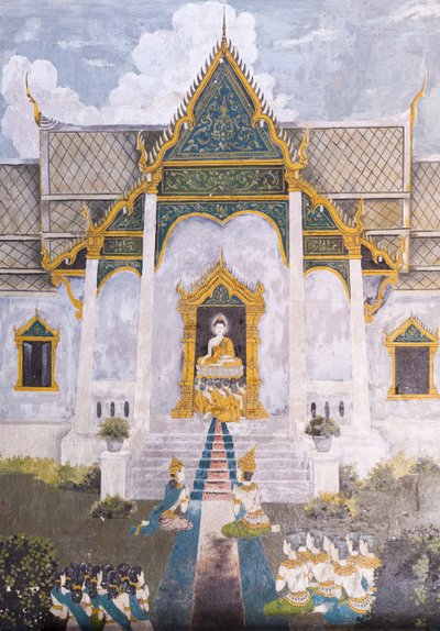 Fresco que representa una escena de la vida de Buda, templo Wat Phra That Doi Suthep de School Thai