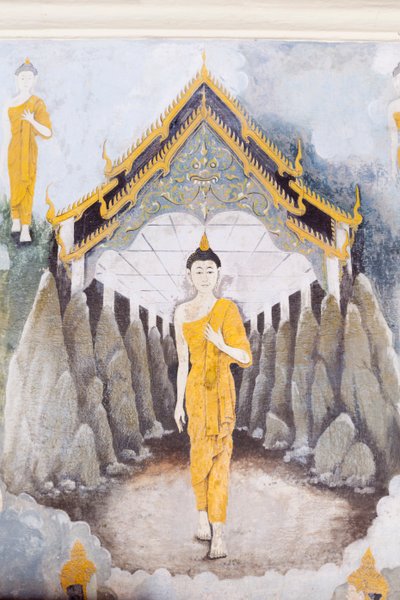 Fresco que representa una escena de la vida de Buda, templo Wat Phra That Doi Suthep (fresco) de School Thai