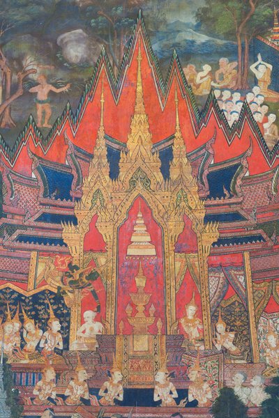 Murales en la capilla de Budaisawan que representan a Indra descendiendo de los cielos poco después de la cremación de Buda arrebatando la reliquia más valiosa, un diente escondido en el moño del brahmán. de School Thai