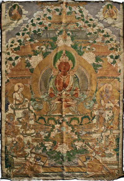 Amitabha (buda de la tierra pura) - Pintura tibetana, pigmentos y oro sobre tela, finales del siglo XIX, 74x51 cm - (Buda Amitayus Thangka, cultura tibetana, Pigmentos y oro sobre tela, finales del siglo XIX) - Colección privada de School Tibetan