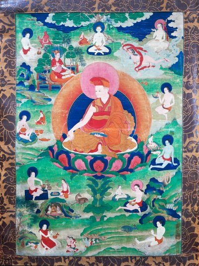 El Lama Rje-grags Rtod Iha-pa-pa- dbang Graps con halo y rodeado por numerosos mahasiddha (yoguis), vivió en India y Tíbet (siglos VII-XI), gouache sobre lienzo de School Tibetan