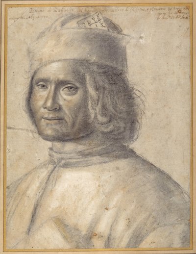 Retrato de busto de un hombre con barba y gorro que sostiene un libro contra el pecho, finales del siglo XV o principios del XVI (tiza negra con toques de rojo sobre papel) de School Venetian