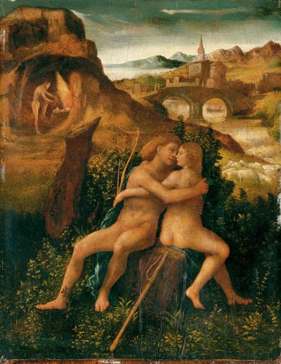 Venus y Marte en un paisaje fluvial con Vulcano trabajando en su fragua, c.1500 (óleo sobre tabla) de School Venetian
