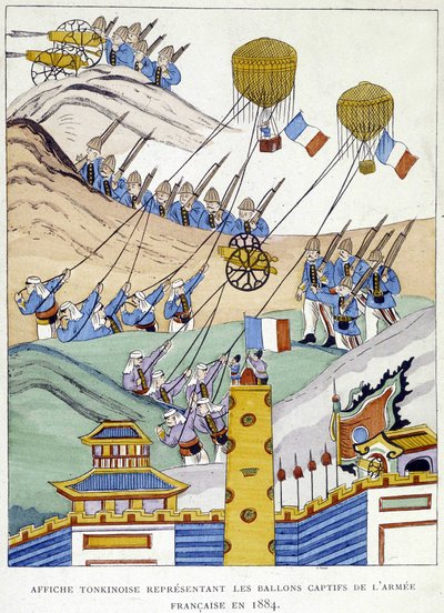Póster tonkinés que representa los globos cautivos del ejército francés en 1884 de School Vietnamese