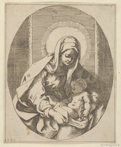 La Virgen sosteniendo al niño Cristo en su regazo, una composición ovalada, después de Reni, 1620-50 de School of Guido Reni