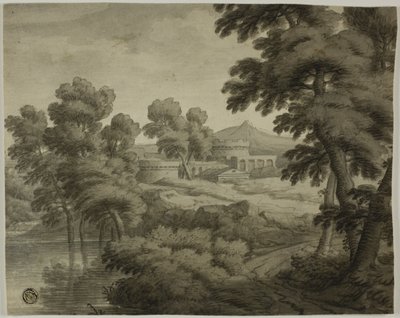 Paisaje a la italiana con castillo, árboles y agua en primer plano de School of Nicolas Poussin
