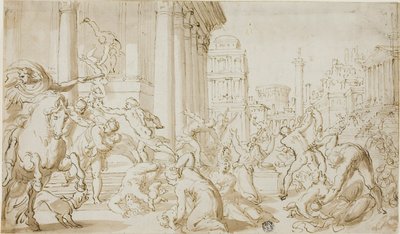 Masacre de los inocentes (anverso); Bocetos de figuras (reverso) de School of Nicolas Poussin