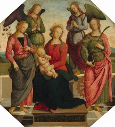Madonna y Niño con dos ángeles, Santa Rosa y Santa Catalina de Alejandría, principios del siglo XVI de School of Perugino