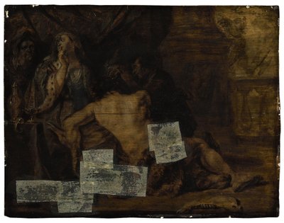 Sansón, dormido en el regazo de Dalila, está siendo rapado (Jueces 16:19) de School of Peter Paul Rubens