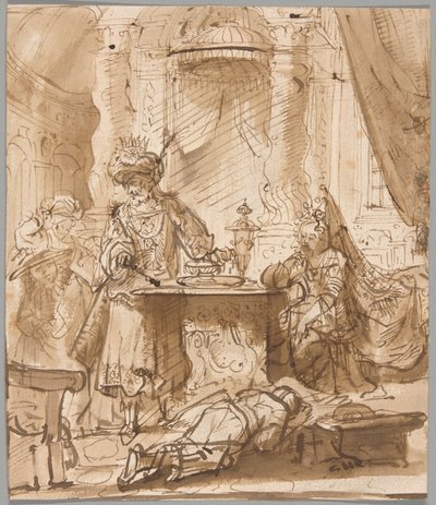 La degradación de Amán ante Asuero y Ester de School of Rembrandt van Rijn