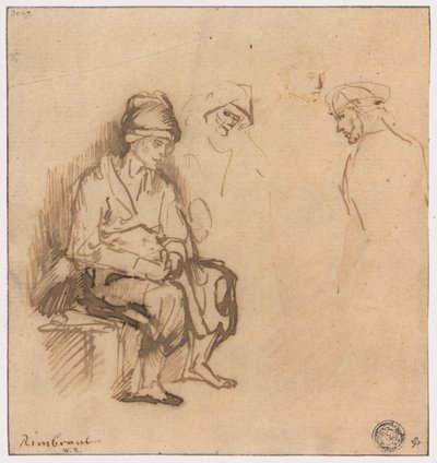 Mujer sentada en un banco y tres bocetos de cabezas de School of Rembrandt van Rijn