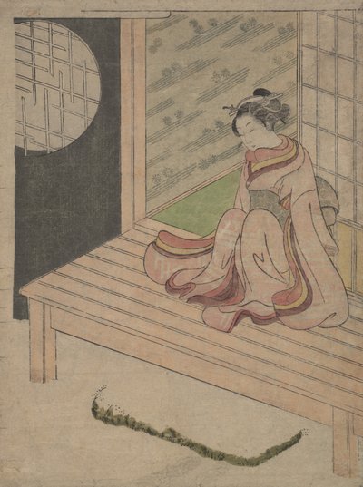 Una joven sentada en el engawa de una casa de School of Suzuki Harunobu