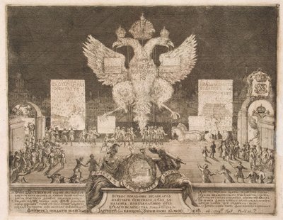 Fuegos artificiales en Moscú el 1 de enero de 1704 con motivo de la captura de la fortaleza sueca Nyenskans, 1705 de Schoonebeek