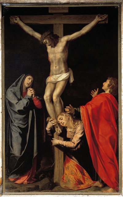 Crucifixión con la Virgen, Santa María Magdalena, San Juan el evangelista de Scipione Pulzone