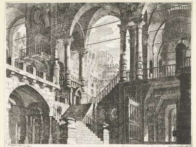 Edificio con arcos de medio punto y columnas
Caprici di Scene Teatrali (título de la serie) de Scipione Daretti