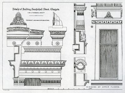 Detalles arquitectónicos de las cámaras griegas, 336-356 Sauchiehall Street, Glasgow, diseñadas por Alexander Greek Thomson, 1869 de Scottish School