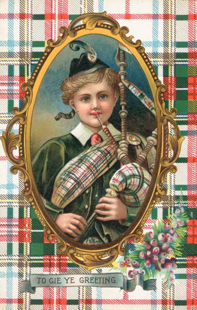 Tarjeta británica de Año Nuevo (litografía en color) de Scottish School