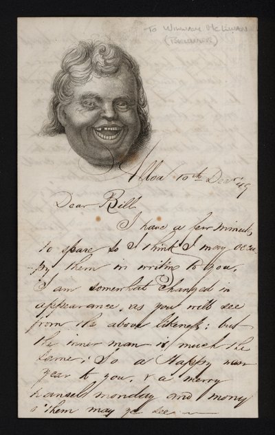 Carta escrita en papel con el rostro de un hombre riendo de Scottish School