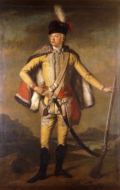 Retrato de John Lindsay, 20º Conde de Crawford y Lindsay, de cuerpo entero, en Uniforme de Húsar, sosteniendo un Mosquete de Pedernal, un Paisaje al fondo, c.1745 de Scottish School