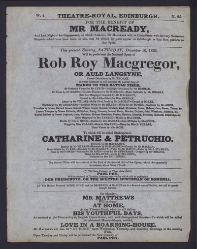 Programa de teatro para el Theatre Royal, Edimburgo de Scottish School