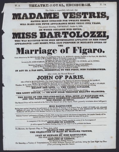Programa de teatro para el Theatre Royal, Edimburgo, 8 de octubre de 1829 de Scottish School