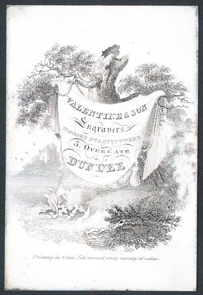 Valentine & Son, grabadores y cortadores de sellos de madera, tarjeta comercial de Scottish School