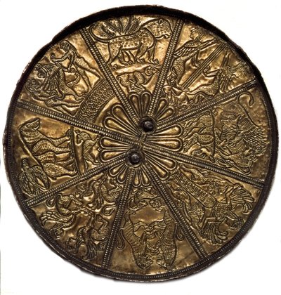 Arte escita: espejo de plata cubierto de oro del túmulo n°4 de Kelermes, región de Krasnodar en Kubán, Rusia (650-620 a.C.), siglo VII a.C. de Scythian