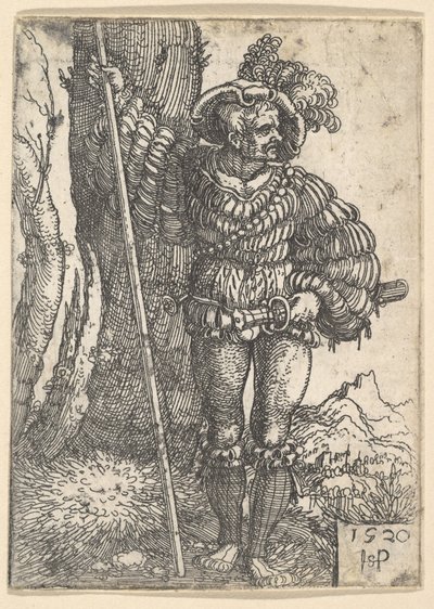 Un lansquenete de pie junto a un árbol, 1520 de Sebald Beham