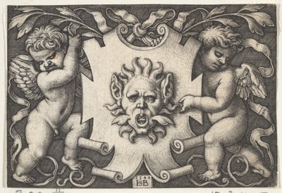 Una máscara en un escudo soportado por dos genios, 1544 de Sebald Beham
