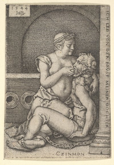 Cimón sentado contra una columna a la derecha, amamantando de Pero que está arrodillada junto a él, 1544 de Sebald Beham