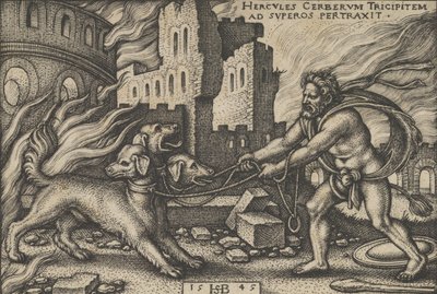 Hércules capturando a Cerbero, de Los trabajos de Hércules, 1545 de Sebald Beham