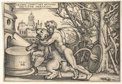 Hércules, de perfil, matando al león de Nemea con su brazo alrededor de su cuello, de 