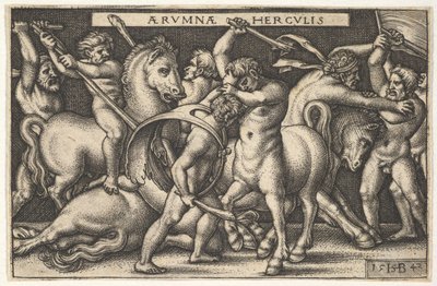 Hércules con su garrote luchando contra un centauro, otros hombres luchando contra centauros a la izquierda, 1542 de Sebald Beham