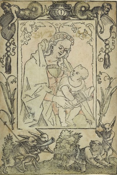 La Virgen y el Niño rodeados por un borde con un cazador y algunos conejos, siglo XVI de Sebald Beham