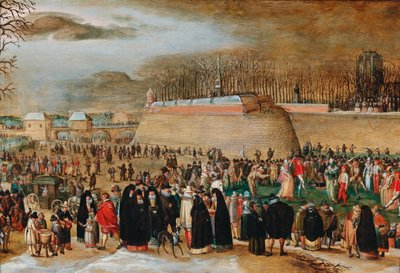 Paisaje de invierno con una escena de carnaval cerca del Bastión Kipdorppoort en Amberes de Sebastiaen Vrancx
